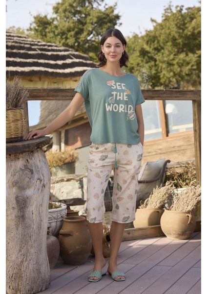 Kadın Desenli ve Baskılı "see The World" Kapri Takımı 24115 fırsatları