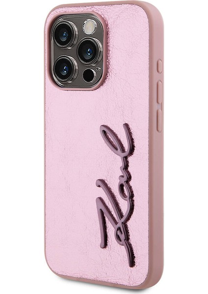 Apple iPhone 15 Pro Max Kılıf Lisanslı 3D Kl Yazılı Tüylü Yüzey Saffiano Rhinestones Pembe fiyatları