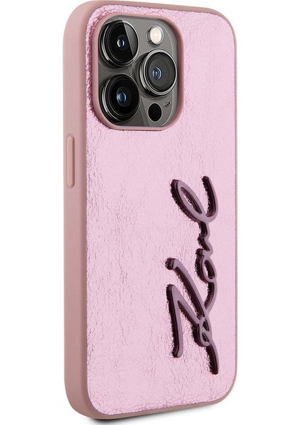 Apple iPhone 15 Pro Max Kılıf Lisanslı 3D Kl Yazılı Tüylü Yüzey Saffiano Rhinestones Pembe modelleri