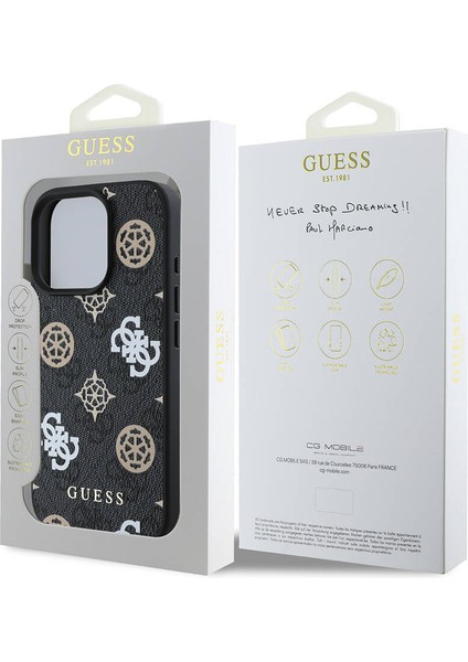 iPhone 16 Pro Max Kılıf Guess Lisanslı Magsafe Şarj Özellikli 4g Desenli Yazı Logolu Peony Siyah