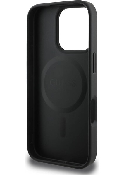 iPhone 16 Pro Kılıf Guess Orjinal Lisanslı Magsafe Şarj Özellikli Pu Deri Şerit Logo Dizaynlı Siyah