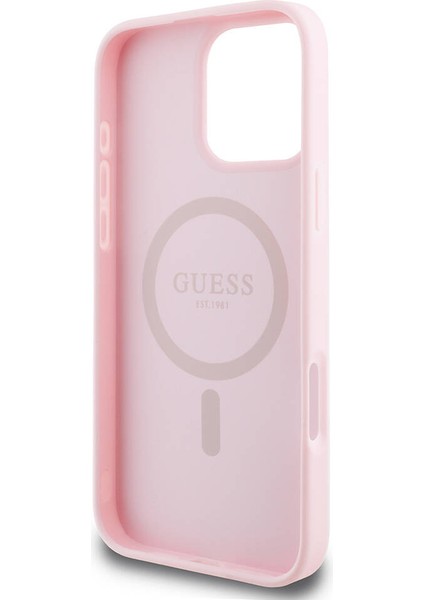 iPhone 16 Pro Max Kılıf Guess Orjinal Lisanslı Magsafe Şarj Özellikli Yazı Logolu Grained Pembe modelleri