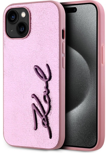 Apple iPhone 15 Kılıf Lisanslı 3D Kl Yazılı Tüylü Arka Yüzey Saffiano Rhinestones Pembe