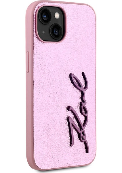 Apple iPhone 15 Kılıf Lisanslı 3D Kl Yazılı Tüylü Arka Yüzey Saffiano Rhinestones Pembe modelleri