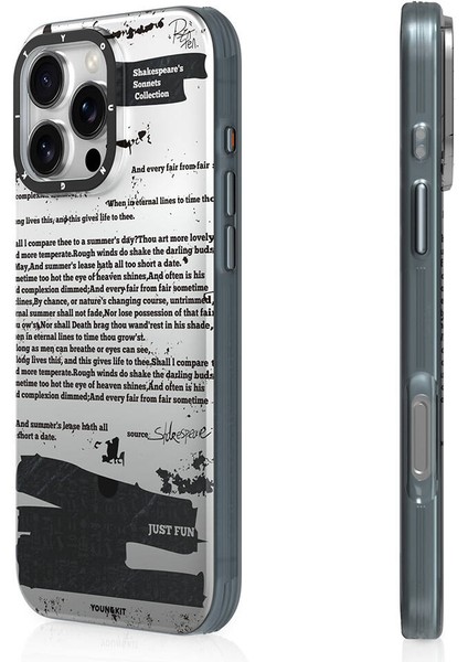 iPhone 16 Pro Max Uyumlu Kılıf Magsafe Şarj Özellikli Youngkit Literary Serisi Shakespeare Kapak Gri