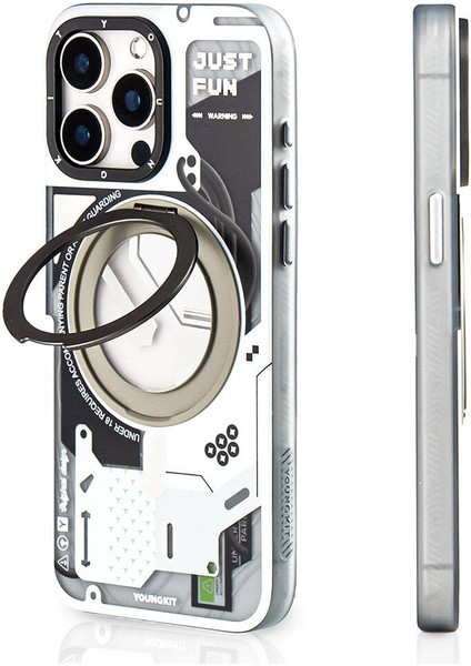 iPhone 15 Pro Uyumlu Kılıf Magsafe Şarj Özellikli 360° Standlı Starship Serisi Kapak Beyaz