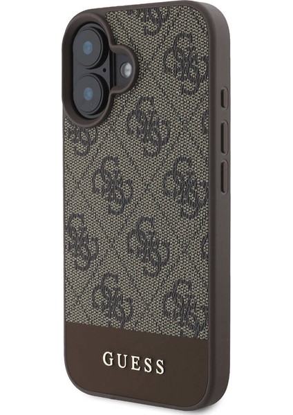 iPhone 16 Plus Kılıf Guess Lisanslı Magsafe Şarj Özellikli Pu Deri Şerit Logo Dizaynlı Kahverengi