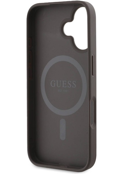 iPhone 16 Plus Kılıf Guess Lisanslı Magsafe Şarj Özellikli Pu Deri Şerit Logo Dizaynlı Kahverengi