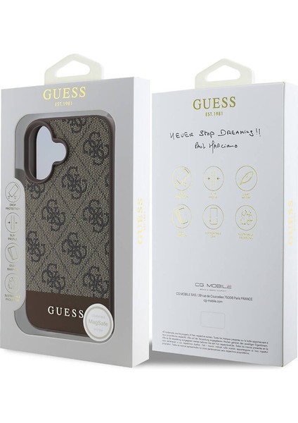 iPhone 16 Plus Kılıf Guess Lisanslı Magsafe Şarj Özellikli Pu Deri Şerit Logo Dizaynlı Kahverengi