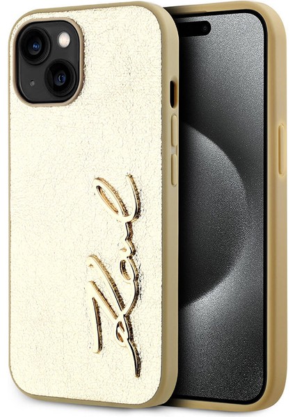 Apple iPhone 15 Kılıf Lisanslı 3D Kl Yazılı Tüylü Arka Yüzey Saffiano Rhinestones Gold