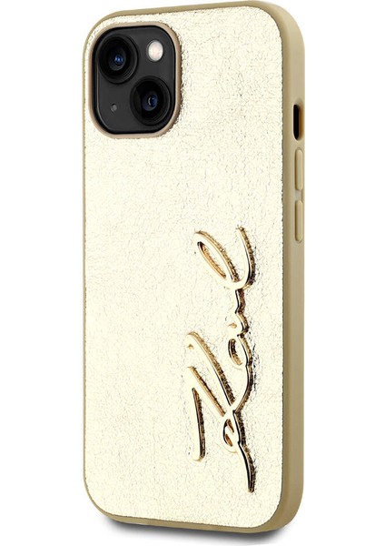 Apple iPhone 15 Kılıf Lisanslı 3D Kl Yazılı Tüylü Arka Yüzey Saffiano Rhinestones Gold fiyatları