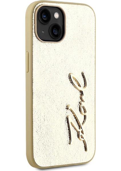 Apple iPhone 15 Kılıf Lisanslı 3D Kl Yazılı Tüylü Arka Yüzey Saffiano Rhinestones Gold modelleri