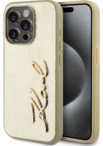 Apple iPhone 15 Pro Kılıf Lisanslı 3D Kl Yazılı Tüylü Arka Yüzey Saffiano Rhinestones Gold