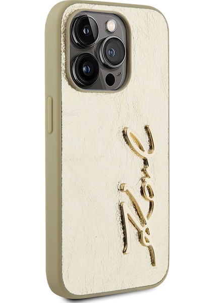 Apple iPhone 15 Pro Kılıf Lisanslı 3D Kl Yazılı Tüylü Arka Yüzey Saffiano Rhinestones Gold modelleri