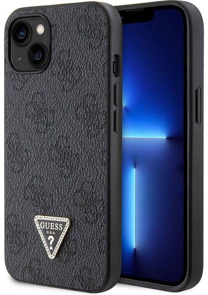 iPhone 14 Uyumlu Kılıf Guess Orjinal Lisanslı Pu Deri Taşlı Üçgen Logo 4g Desenli Kapak Siyah