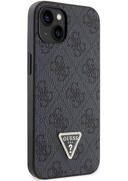 iPhone 14 Uyumlu Kılıf Guess Orjinal Lisanslı Pu Deri Taşlı Üçgen Logo 4g Desenli Kapak Siyah modelleri