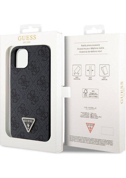 iPhone 14 Uyumlu Kılıf Guess Orjinal Lisanslı Pu Deri Taşlı Üçgen Logo 4g Desenli Kapak Siyah indirimleri