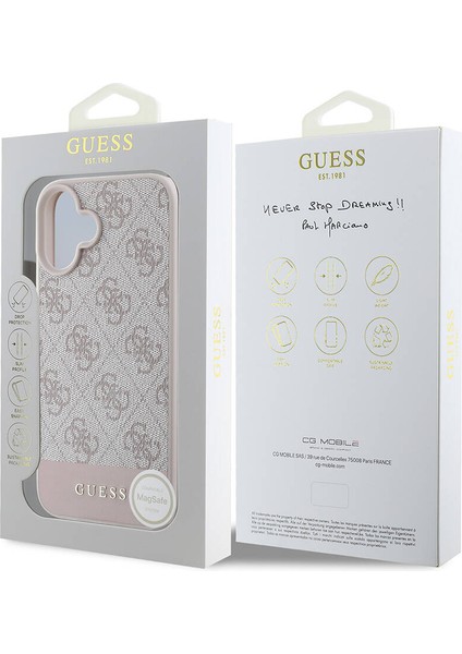 iPhone 16 Plus Kılıf Guess Orjinal Lisanslı Magsafe Şarj Özellikli Pu Deri Şerit Logo Dizaynlı Pembe