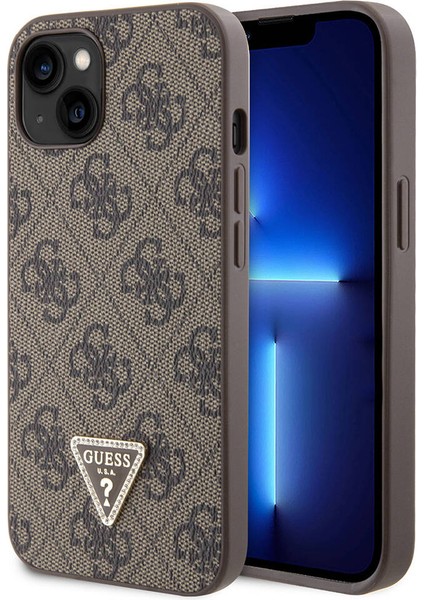 iPhone 14 Uyumlu Kılıf Guess Orjinal Lisanslı Pu Deri Taşlı Üçgen Logo 4g Desenli Kapak Kahverengi
