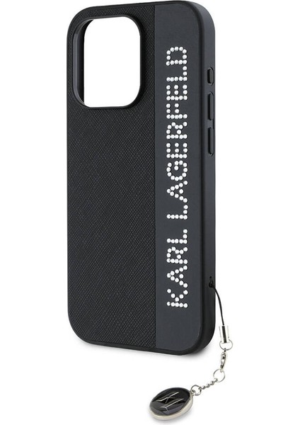 Apple iPhone 15 Pro Kılıf Lisanslı Anahtarlıklı Taşlı Kl Yazılı Saffiano Rhinestones Siyah fırsatları