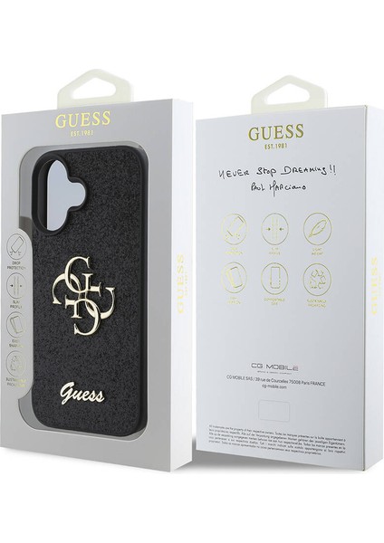 iPhone 16 Plus Uyumlu Kılıf Guess Orjinal Lisanslı 4g Büyük Metal Logolu Glitter Kapak Siyah