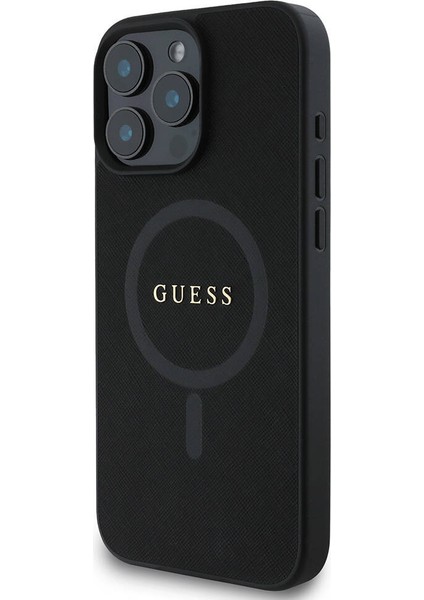 iPhone 16 Pro Max Kılıf Guess Lisanslı Magsafe Şarj Özellikli Yazı Logolu Saffiano Classic Siyah