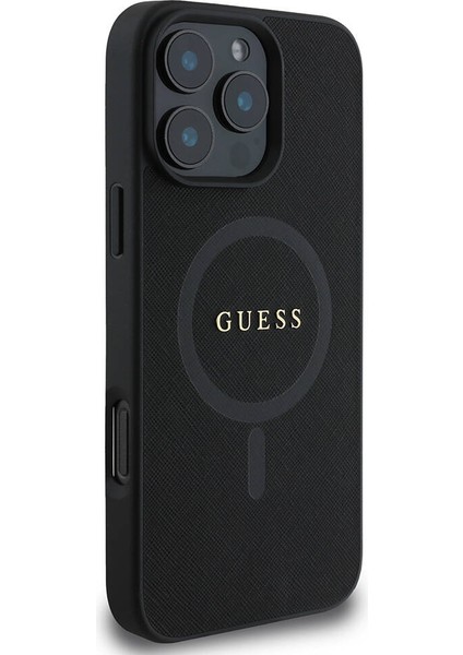 iPhone 16 Pro Max Kılıf Guess Lisanslı Magsafe Şarj Özellikli Yazı Logolu Saffiano Classic Siyah