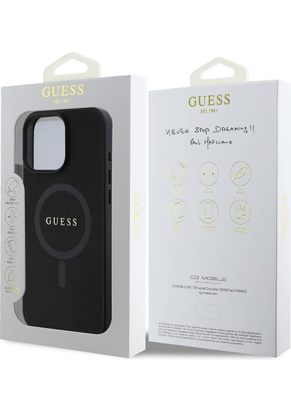 iPhone 16 Pro Max Kılıf Guess Lisanslı Magsafe Şarj Özellikli Yazı Logolu Saffiano Classic Siyah