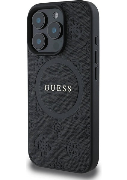 iPhone 16 Pro Max Kılıf Guess Lisanslı Magsafe Şarj Özellikli Yazı Logolu Saffiano Peony Siyah