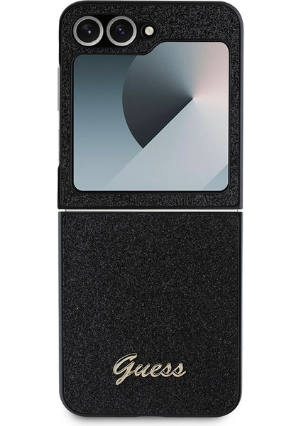 Galaxy Z Flip 6 Uyumlu Kılıf Guess Orjinal Lisanslı Yazı Logolu Glitter Script Kapak Siyah