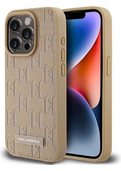 Apple iPhone 15 Pro Kılıf Orjinal Lisanslı Magsafe Şarj Özellikli Kl Yazılı Hot Stamp Krem