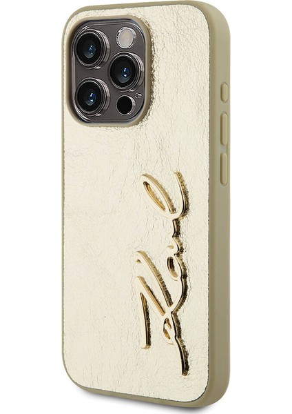 Apple iPhone 15 Pro Max Kılıf Lisanslı 3D Kl Yazılı Tüylü Yüzey Saffiano Rhinestones Gold fiyatları