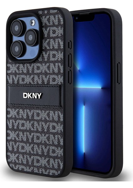 iPhone 15 Pro Max Uyumlu Kılıf Dkny Orjinal Lisanslı 3D Yazılı Repeat Texture Pattern Kapak Siyah