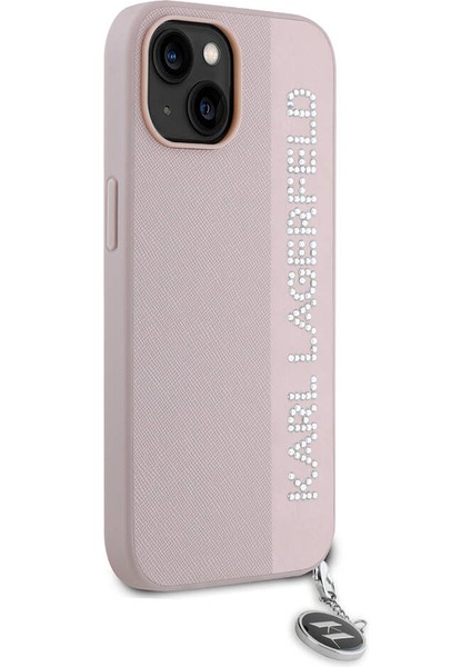 Apple iPhone 15 Kılıf Lisanslı Anahtarlıklı Taşlı Kl Yazılı Saffiano Rhinestones Pembe fırsatları
