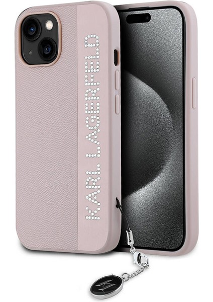 Apple iPhone 15 Kılıf Lisanslı Anahtarlıklı Taşlı Kl Yazılı Saffiano Rhinestones Pembe indirimleri