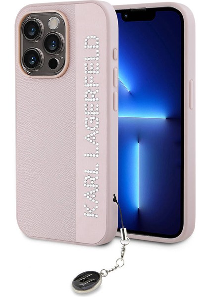Apple iPhone 15 Pro Kılıf Lisanslı Anahtarlıklı Taşlı Kl Yazılı Saffiano Rhinestones Pembe