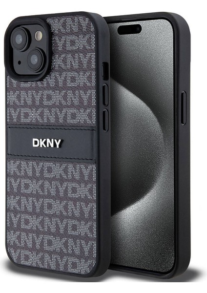 iPhone 15 Uyumlu Kılıf Dkny Orjinal Lisanslı 3D Yazılı Repeat Texture Pattern Kapak Siyah