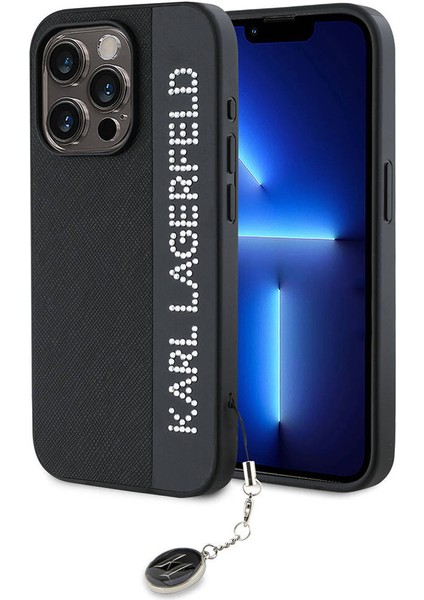 Apple iPhone 15 Pro Max Kılıf Lisanslı Anahtarlıklı Taşlı Saffiano Rhinestones Siyah