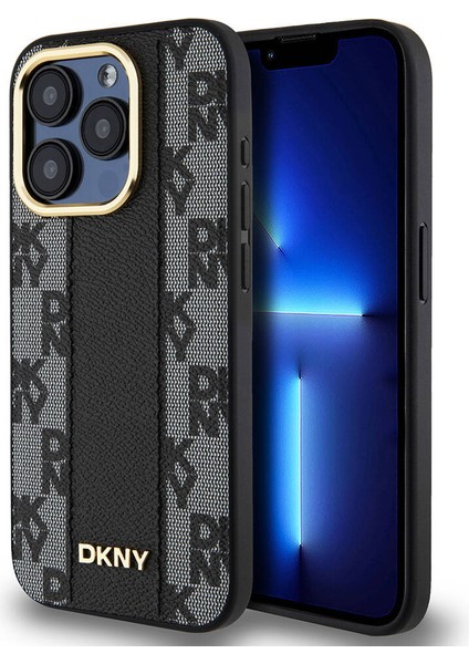 iPhone 15 Pro Kılıf Dkny Orjinal Lisanslı Magsafe Şarj Özellikli 3D Yazılı Checkered Pattern Siyah