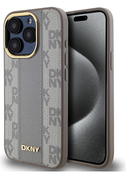 iPhone 15 Pro Kılıf Dkny Orjinal Lisanslı Magsafe Şarj Özellikli 3D Yazılı Checkered Pattern Krem