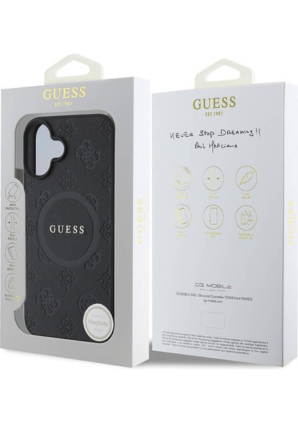 iPhone 16 Plus Kılıf Guess Orjinal Lisanslı Magsafe Şarj Özellikli Yazı Logolu Saffiano Peony Siyah