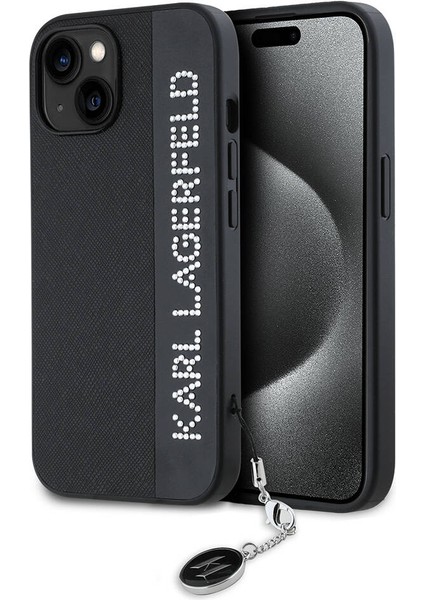 Apple iPhone 14 Kılıf Lisanslı Anahtarlıklı Taşlı Kl Yazılı Saffiano Rhinestones Siyah