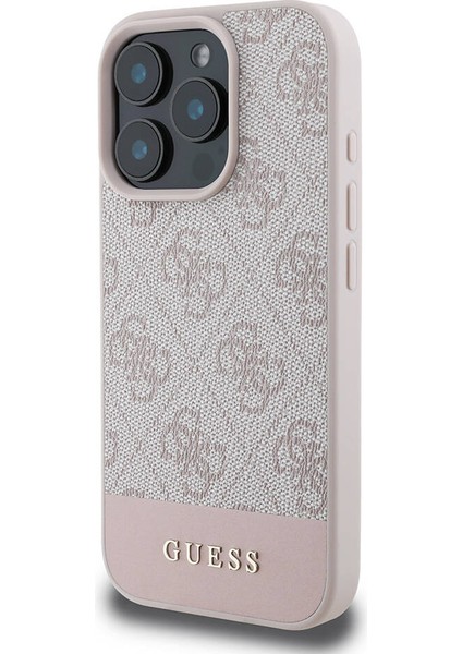 iPhone 16 Pro Kılıf Guess Orjinal Lisanslı Magsafe Şarj Özellikli Pu Deri Şerit Logo Dizaynlı Pembe