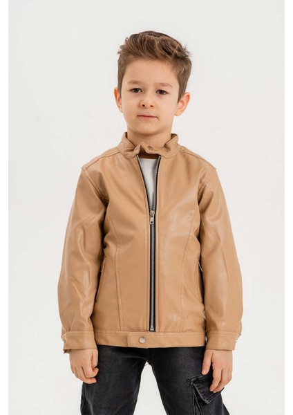 Fermuarlı Erkek Çocuk Deri Ceket Su Geçirmez Uzun Kol Midi Boy Bej