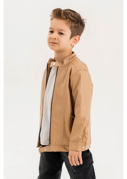 Fermuarlı Erkek Çocuk Deri Ceket Su Geçirmez Uzun Kol Midi Boy Bej fiyatları