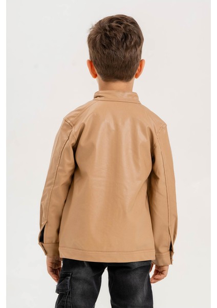 Fermuarlı Erkek Çocuk Deri Ceket Su Geçirmez Uzun Kol Midi Boy Bej modelleri