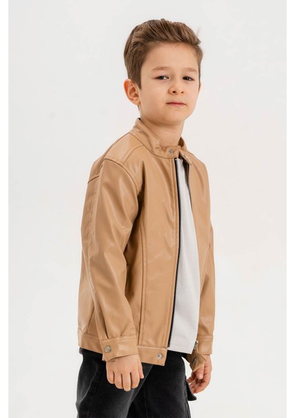 Fermuarlı Erkek Çocuk Deri Ceket Su Geçirmez Uzun Kol Midi Boy Bej fırsatları