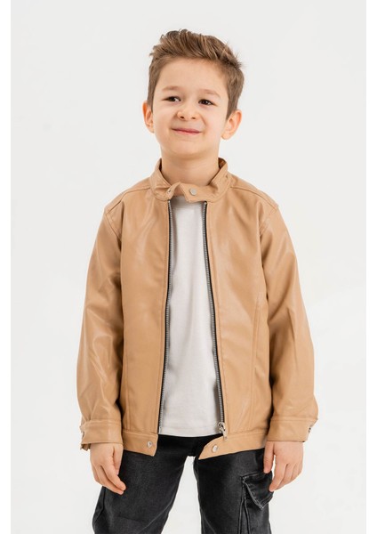 Fermuarlı Erkek Çocuk Deri Ceket Su Geçirmez Uzun Kol Midi Boy Bej indirimleri