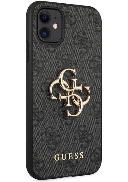 iPhone 11 Uyumlu Kılıf Guess Pu Deri Büyük Metal Logo Dizaynlı Kapak Gri modelleri