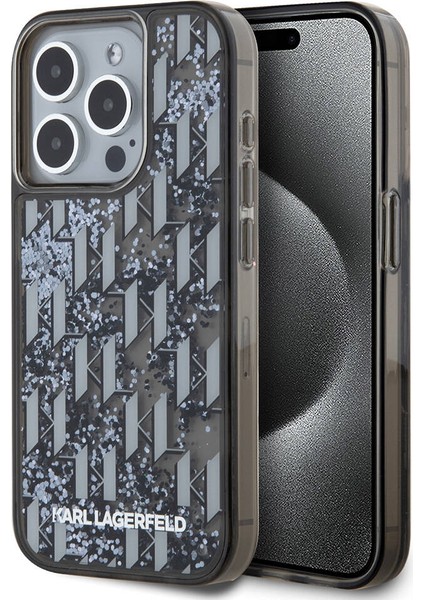 Apple iPhone 15 Pro Uyumlu Kılıf Orjinal Lisanslı Simli Kl Yazılı Monogram Gradıent Siyah